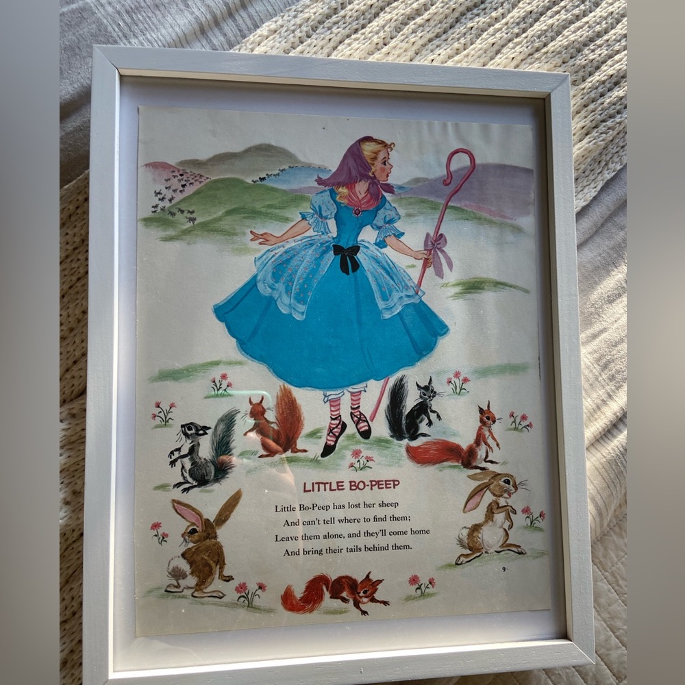 Nursery rhyme framed book pages. Vintage. Little Bow Peep.